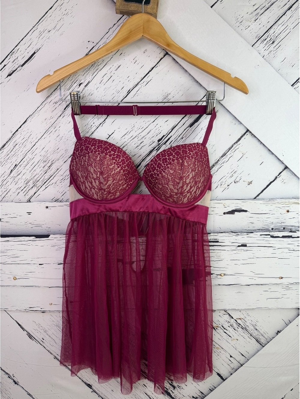 Victoria’s Secret Burgundy Lace Coquette Babydoll Chemise Lingerie Women’s 34D
